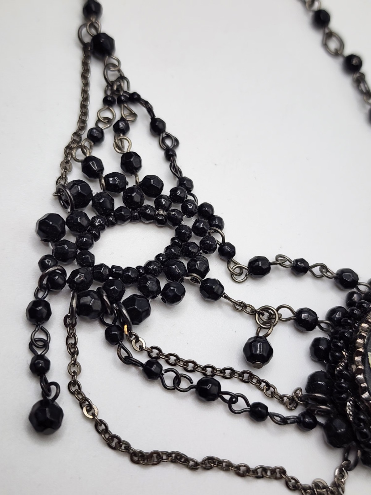 Vintage Victorian Gothic Black Beaded Choker Statement Necklace Cameo Bib Collar