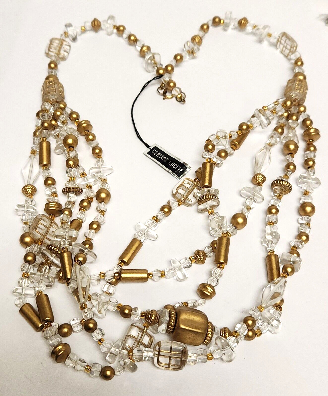 Gorgeous Vintage Clear & Gold Lucite Necklace 23.5″ x 4″ Orig Tag Made in China