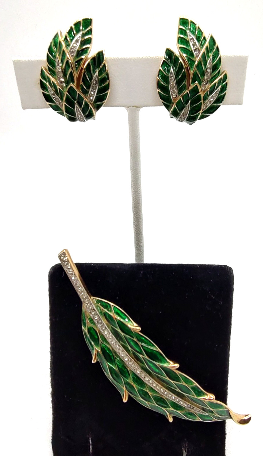 Alfred Philippe Trifari Harlequin Green Enamel Earrings and Brooch!