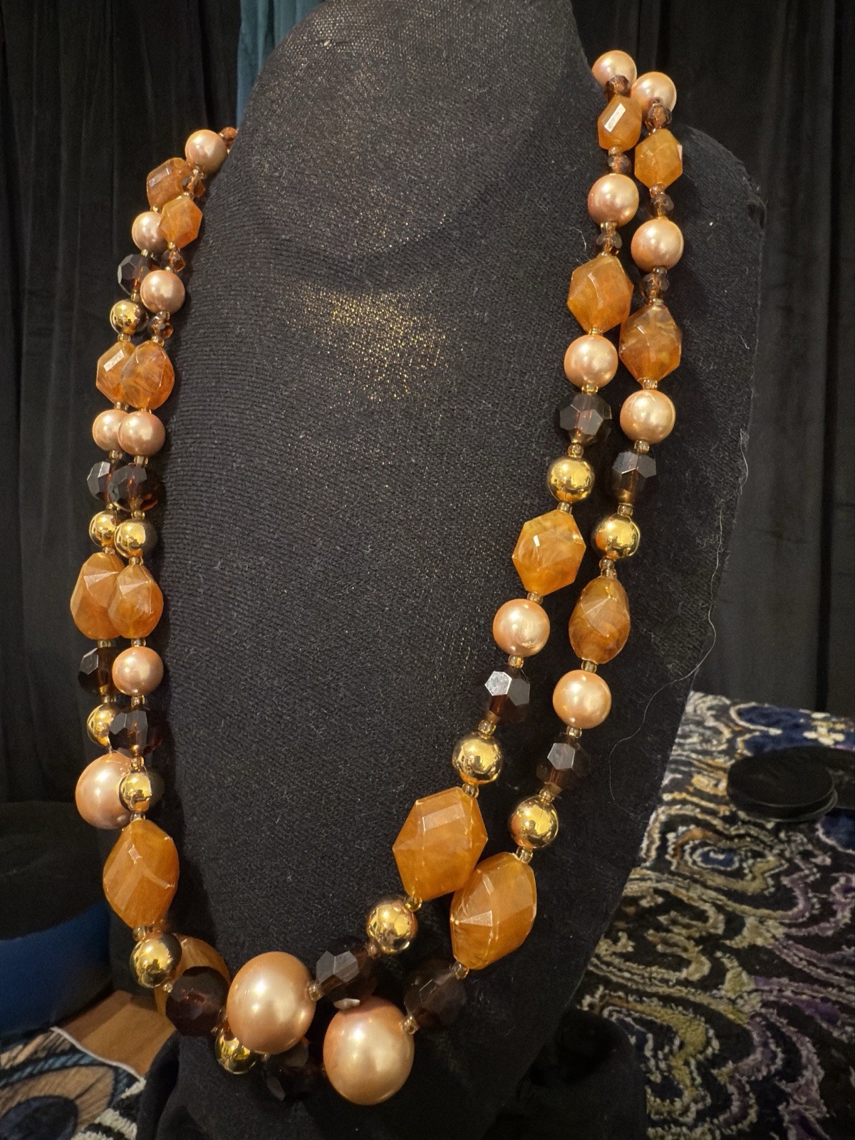 Vintage Made In France Multi Strand Amber Glass Faux Pearl Necklace 1960s-70s