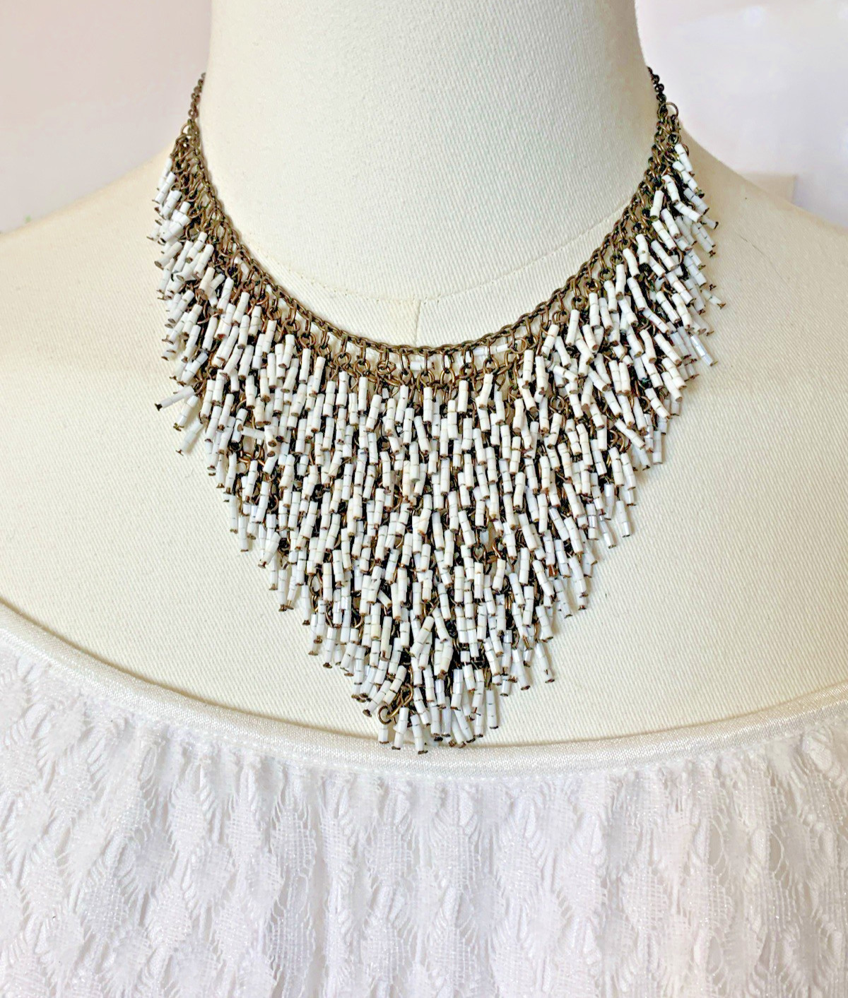 Vintage Beaded Fringe Bib Necklace White Bugle Bead Cascade Statement