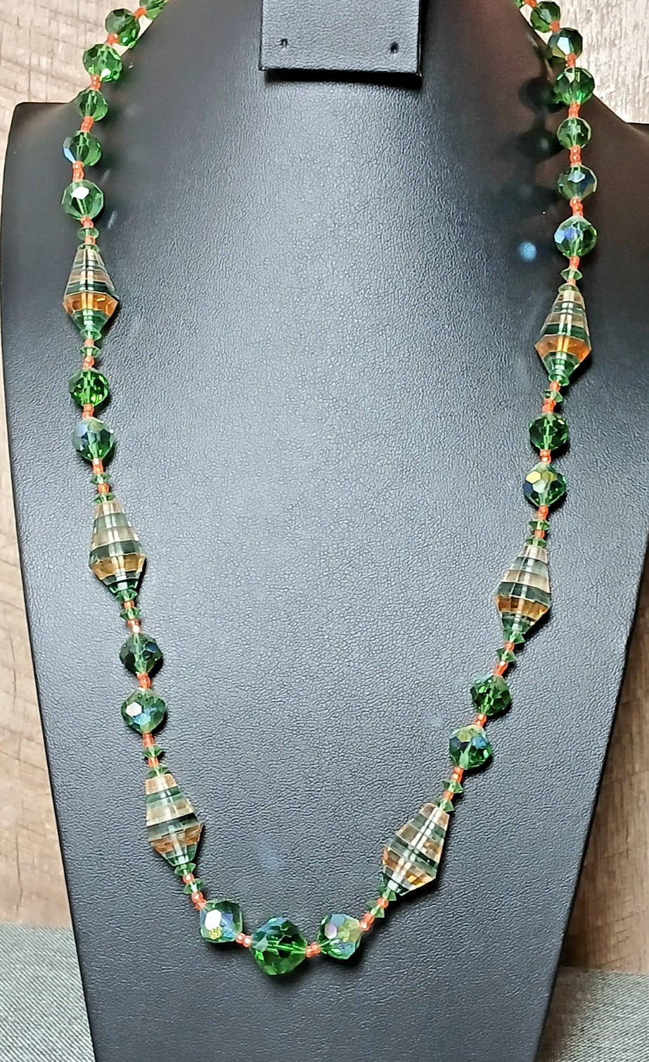 Vendome Green Orange Spiral Striped Bicone Cyrstal Bead Necklace RARE Vintage