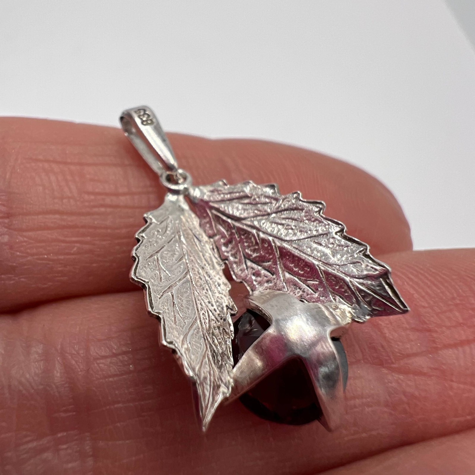 Vintage 835 Silver Leaf Pendant Red Stone | European Style | No Chain