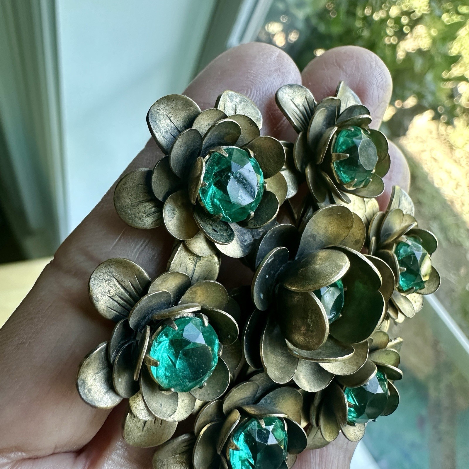 Vintage Flowers Brooch 2.4 Inch Green Crystal Multi Layered Antique Gold MCM