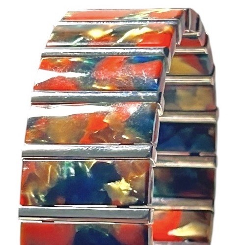 Vintage Acrylic Stretch Cuff Bracelet Marbled Red Gold Blue Silver Tone Bars Y2K