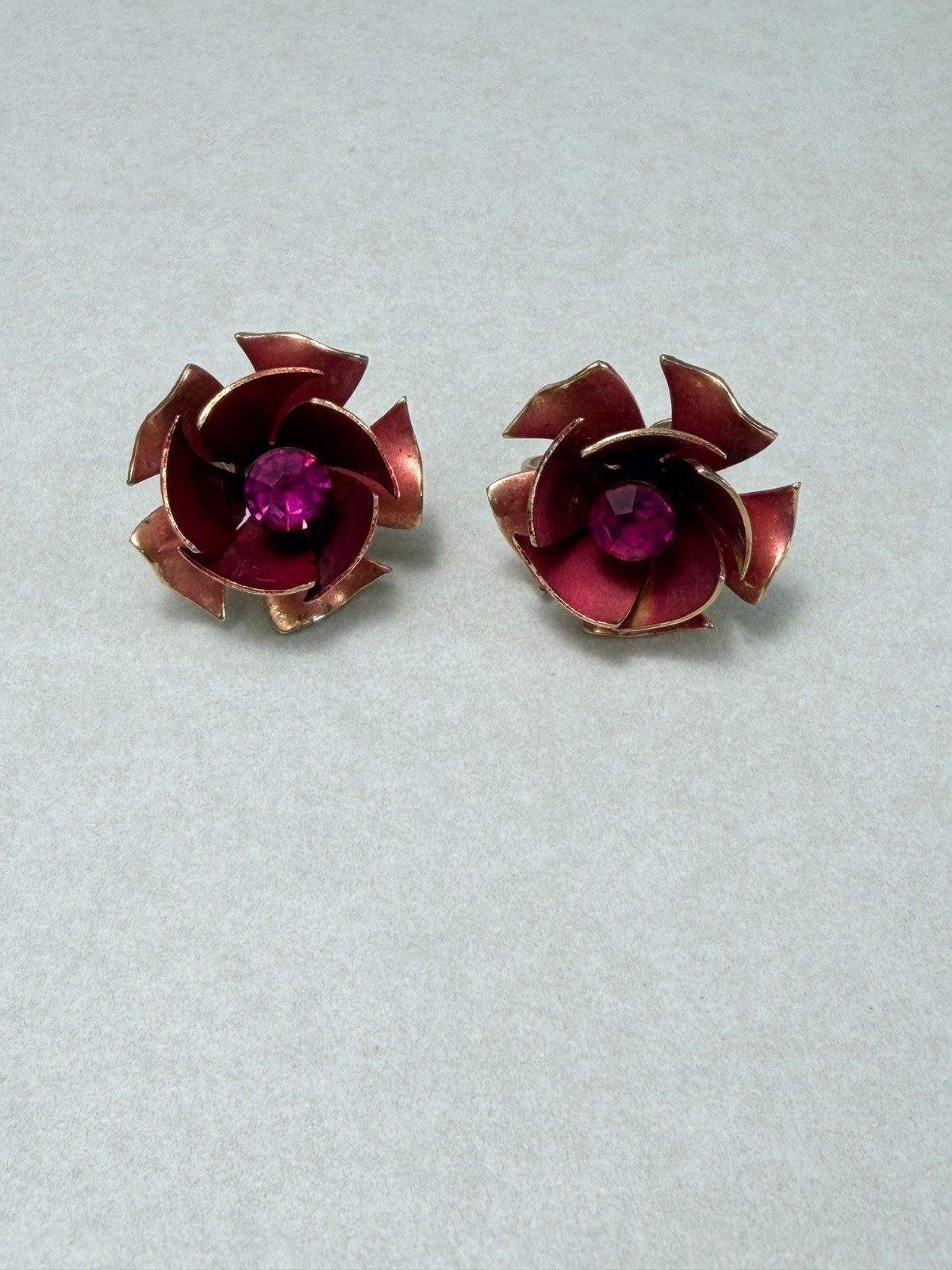 Coro Pink Enamel Rose Earrings Rhinestone Center Adjustable Clip On