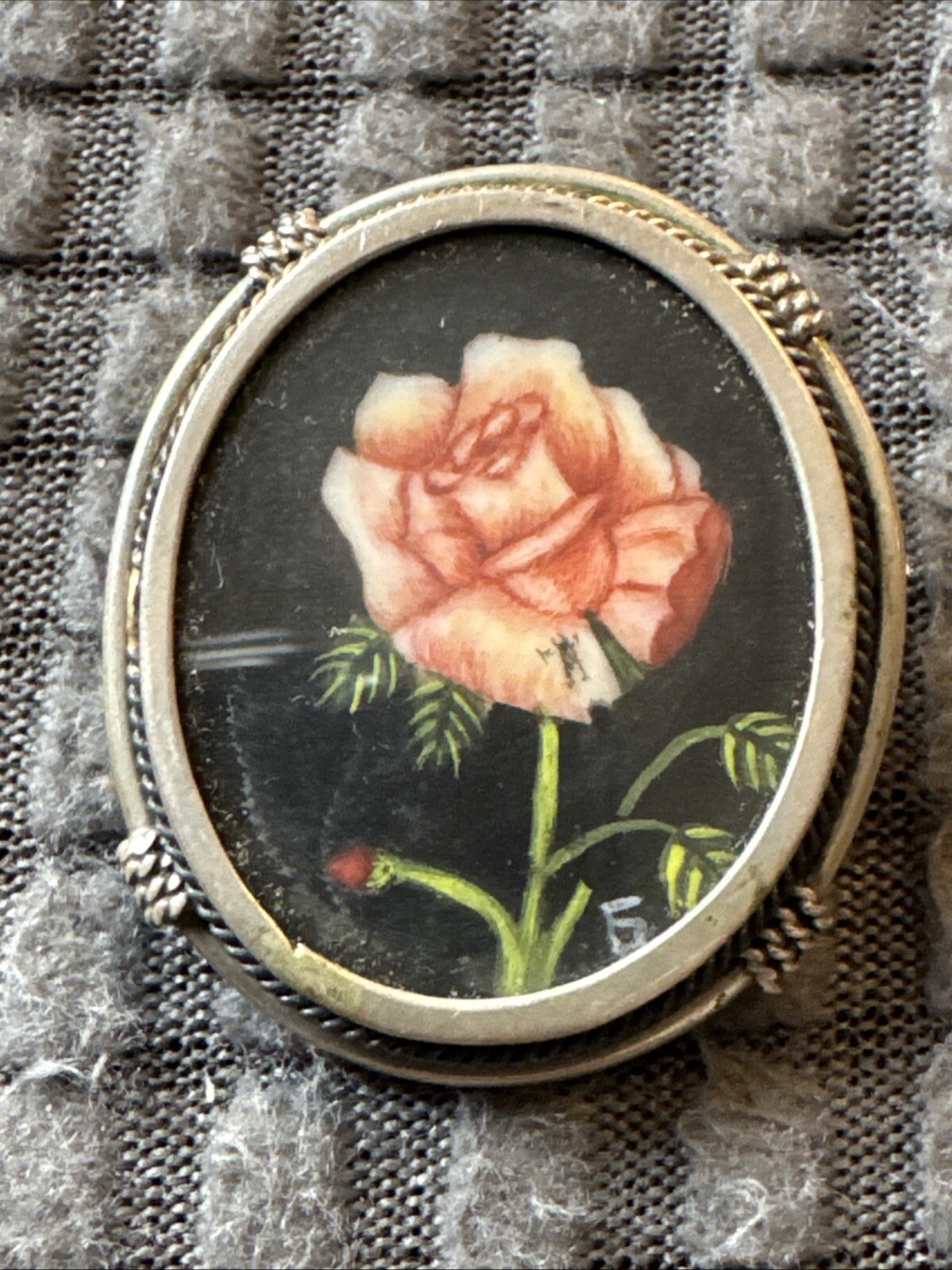 Hand painted Rose Brooch-Sterling-Signed LR