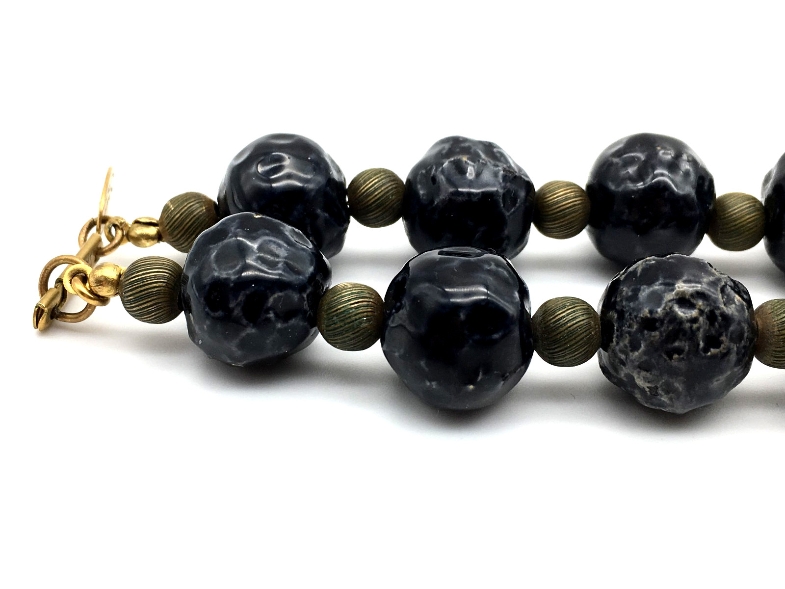 Miriam Haskell Signed Black Ceramic Cone Wood White Art Glass Beads 24″ Necklace