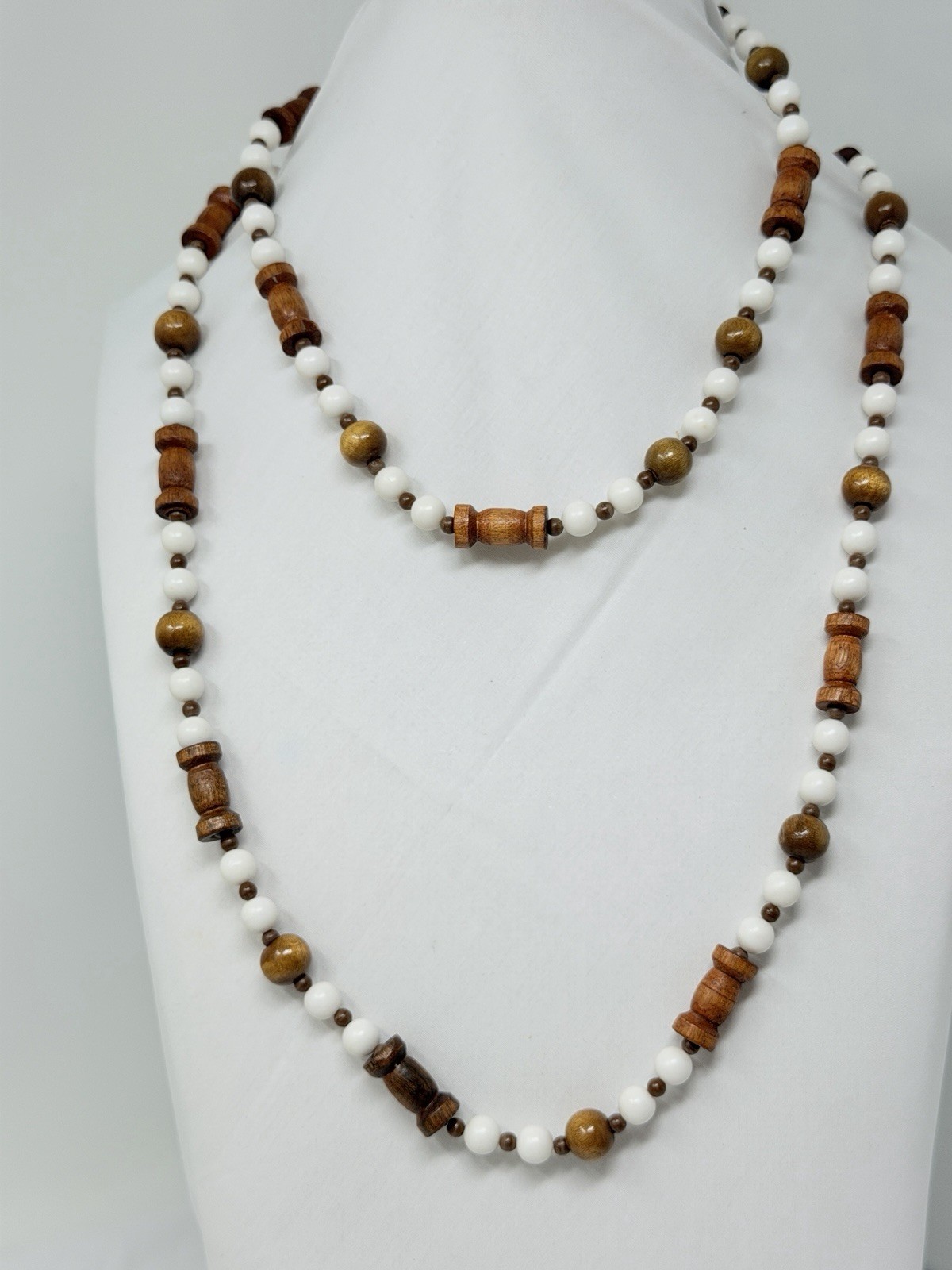 Vintage Carved Wood and White Lucite Bead 48″ Necklace