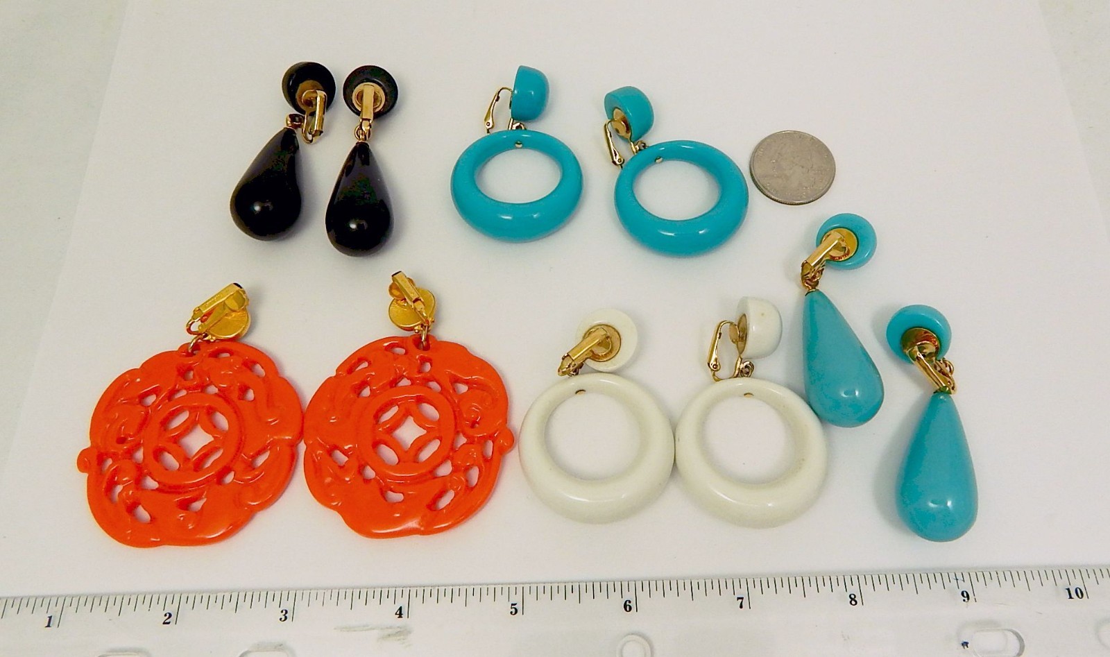 KJL Clip Earring Lot Carved Coral Turquoise White Black Dangles Kenneth J Lane