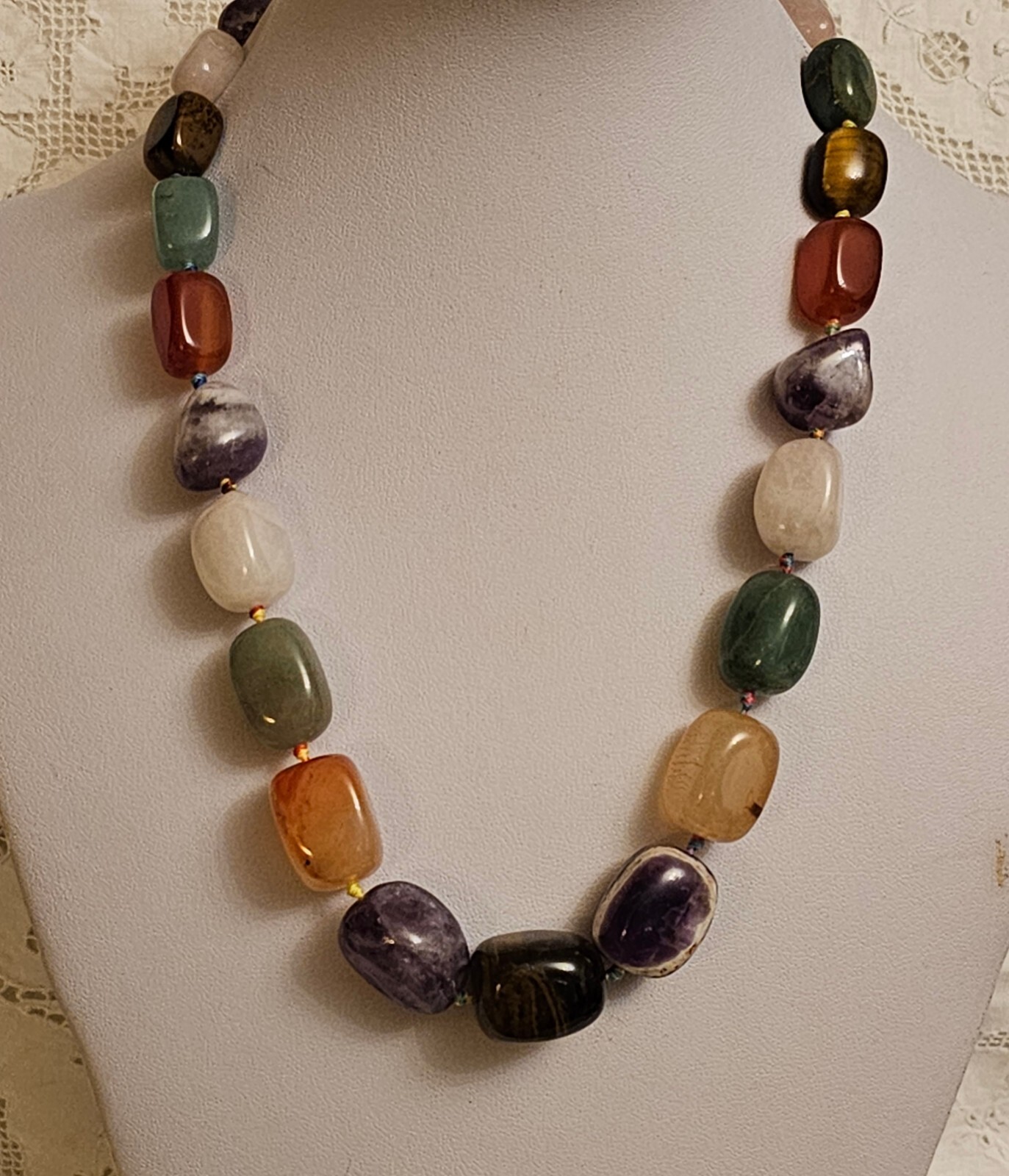 Vintage Natural Carnelian Agate Jade Aventurine Tiger’s Eye Bead Necklace
