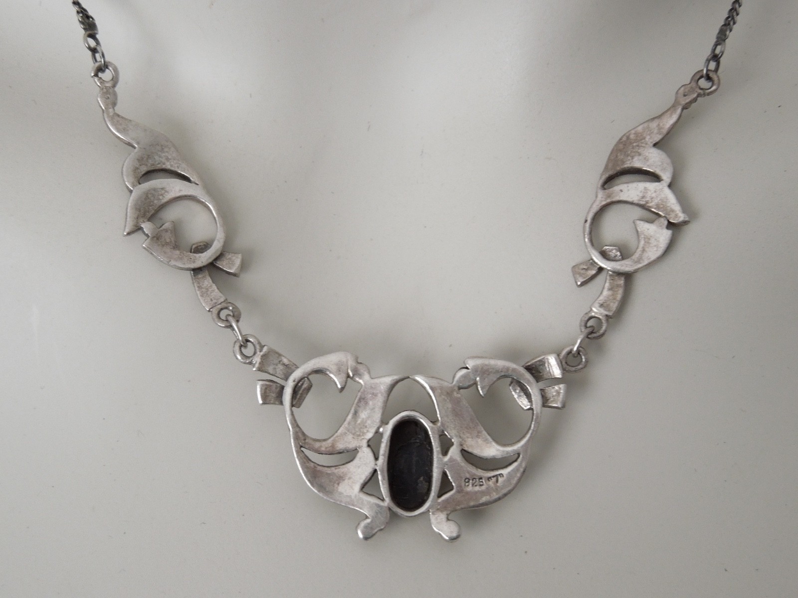 925 Silver Necklace Collar With Markasites Onyx Black Vintage 13.0 G/45 Cm