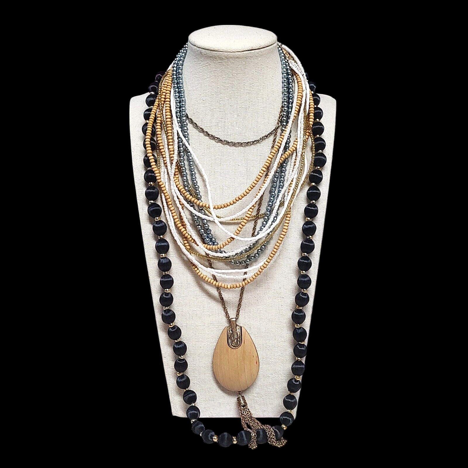VTG Chunky Stacked Boho Beaded Festival Earthy Bohemian Statement Necklaces