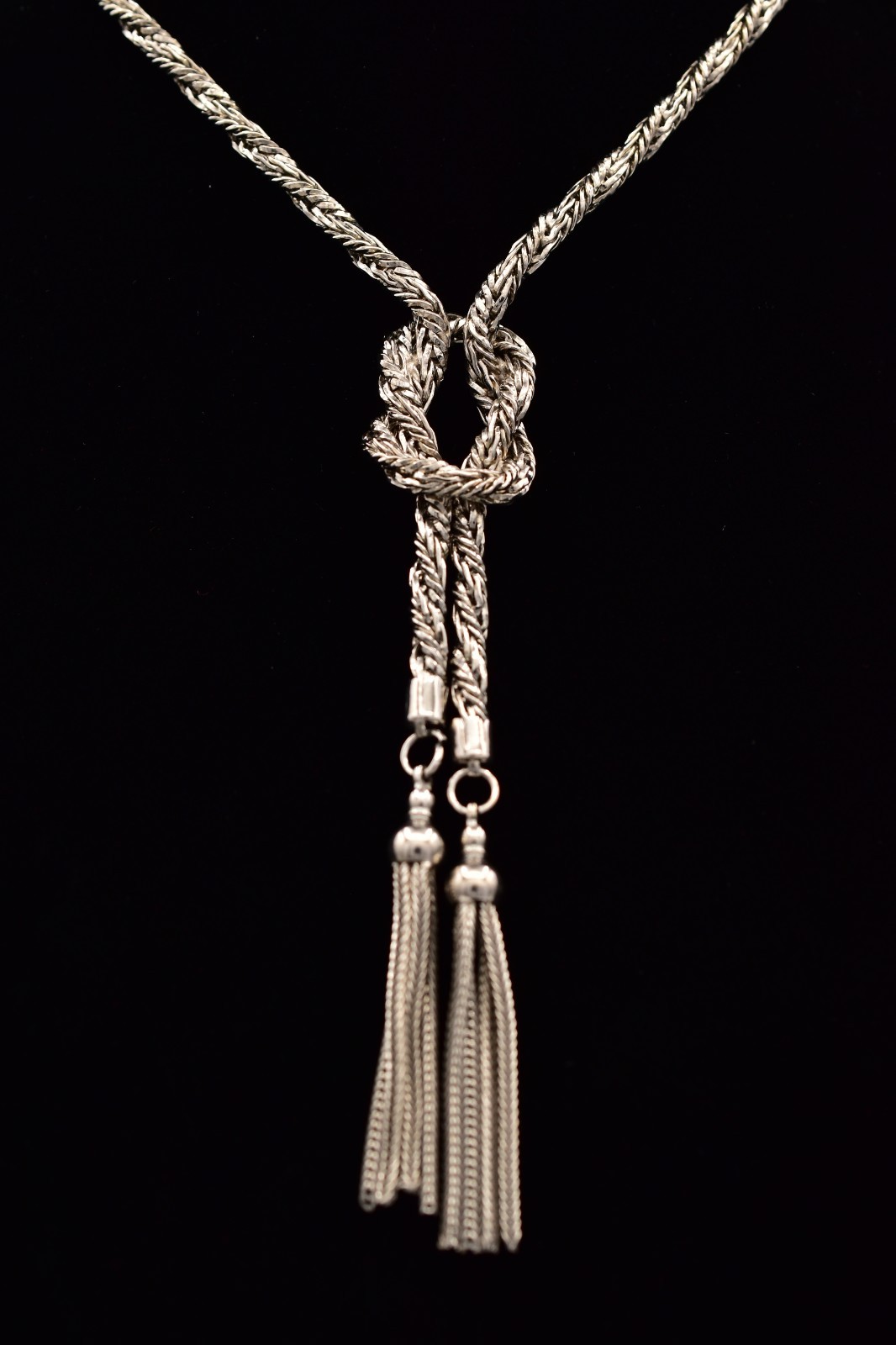 Vintage Silver Rope Knot Tassel Chain Necklace Statement Pendant 1980s BinBE