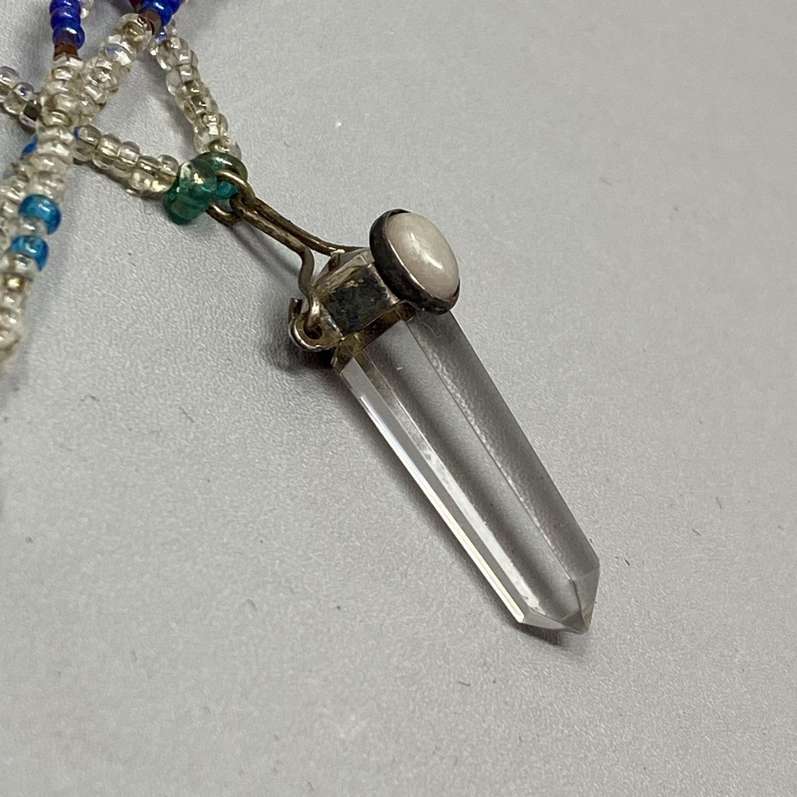 Crystal Rock Quartz Pendant Necklace Amulet Gemstone Blue Clear Seed Bead Chakra
