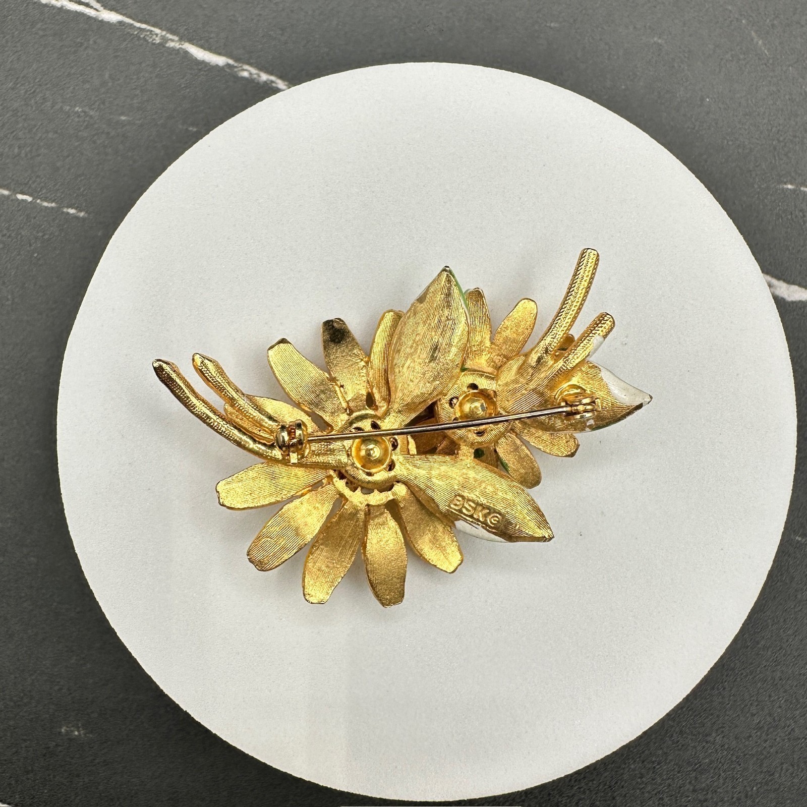 Vintage BSK Rhinestones Yellow Gold-Tone Vitreous Enamel Sunflower Brooch Pin