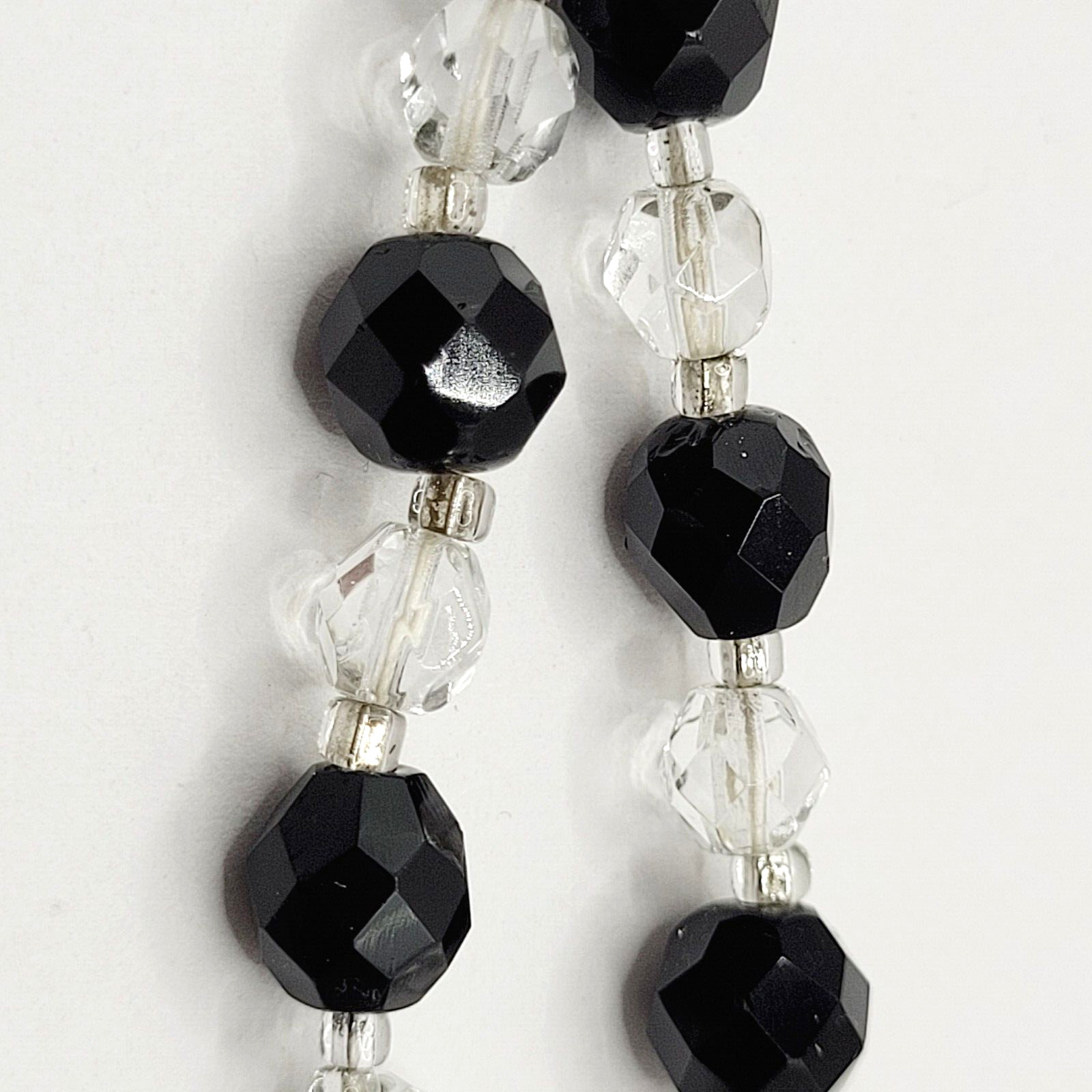 Modern Art Deco Black Clear Cut Crystal Bead Silver Tone Vintage Necklace 31 in