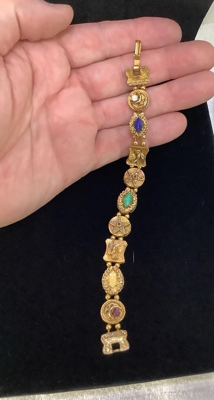 Vintage Gold Tone Victorian Revival Beaded Slide Charm Bracelet 7.5”