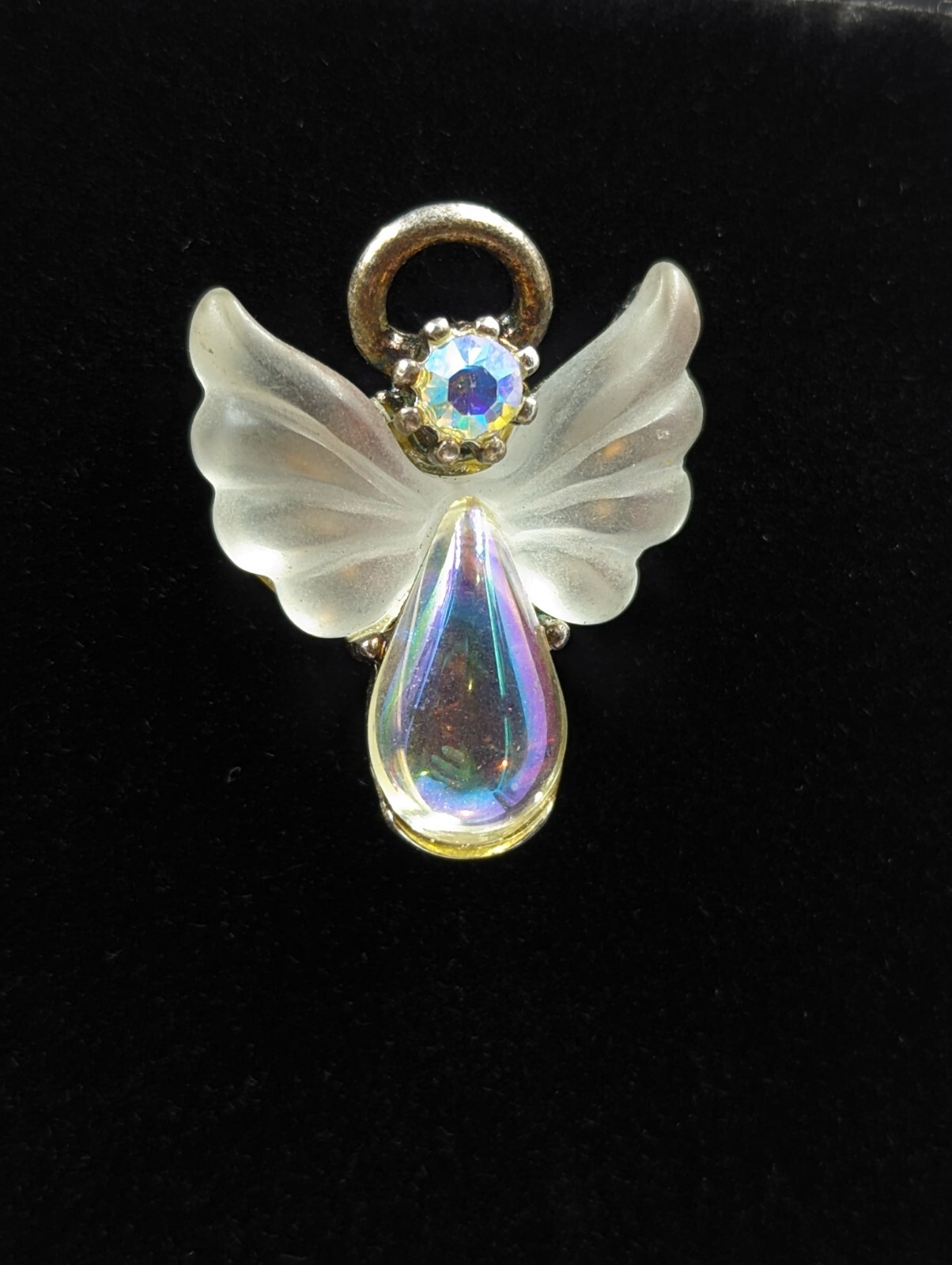 Rare! Vintage LIT USA Silver Tone Faux AB Lucite & Rhinestone Angel Pin K055