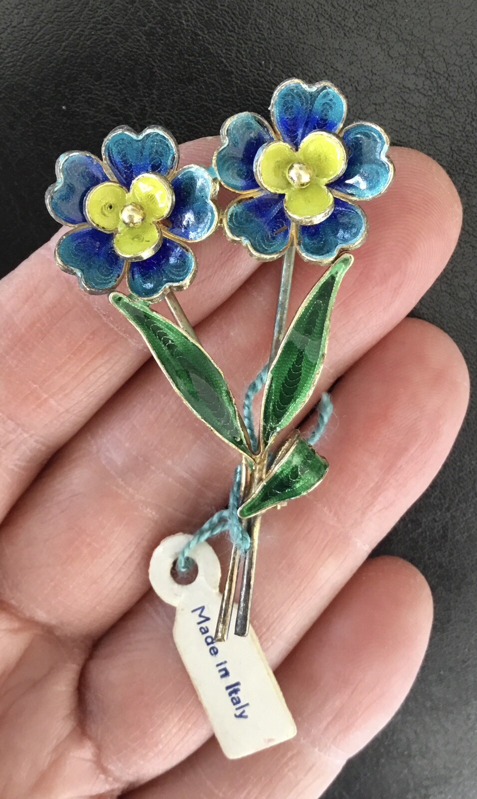 800 SILVER ITALIAN PLIQUE A JOUR ENAMEL FLOWERS PIN BLUE,LIME,GREEN-ORIGINAL TAG