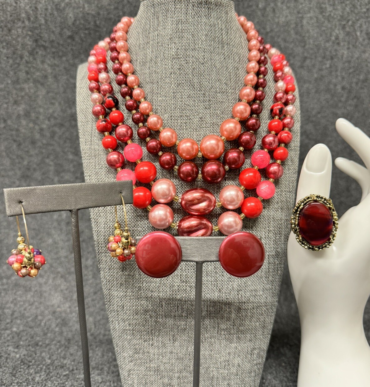 Vintage Purple Pink Red Multi Strand Beaded Necklace Japan Plastic Earrings Ring