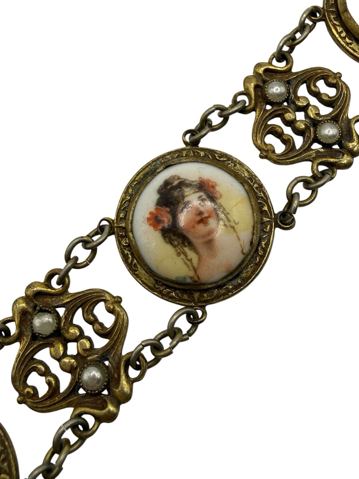Antique Art Nouveau Austro Hungarian Lady Portrait Porcelain Bracelet Brass