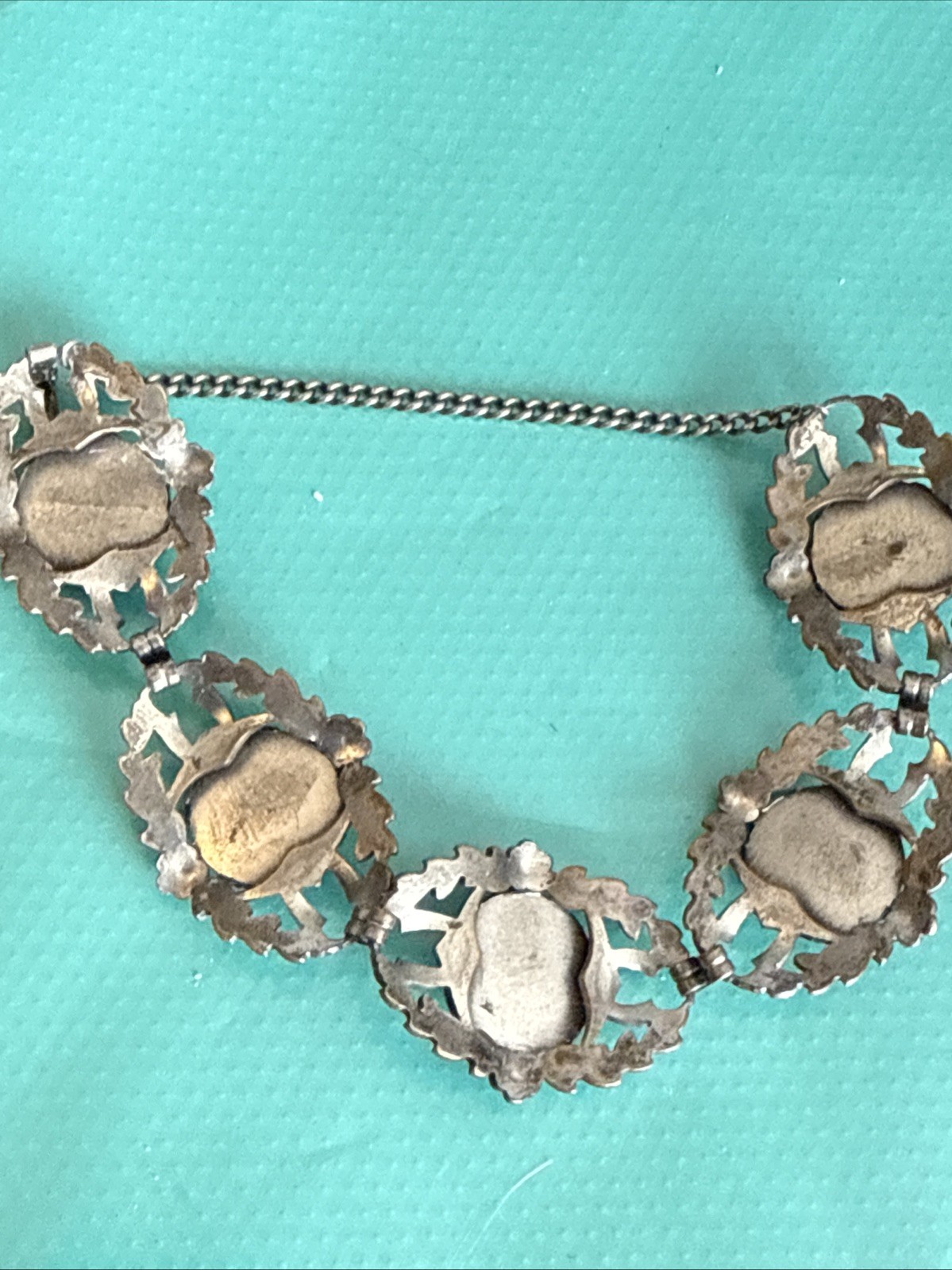 Silver Tone floral vintage panel bracelet with black stones 7”