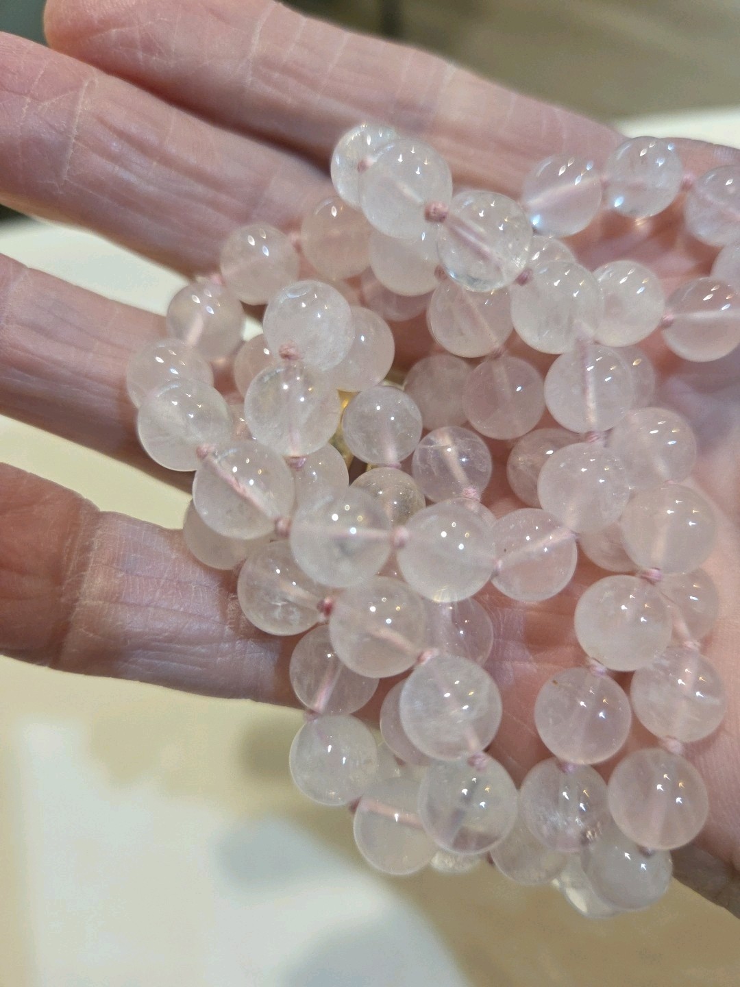 Delicate Vintage rose quartz necklace, continuous strand 31 inches in length.