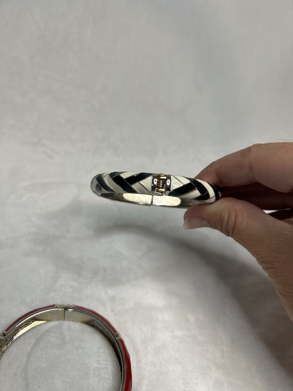 Vintage Enamel Bangle Bracelet Set Of 2, Hinged Gold Tone Red White Black