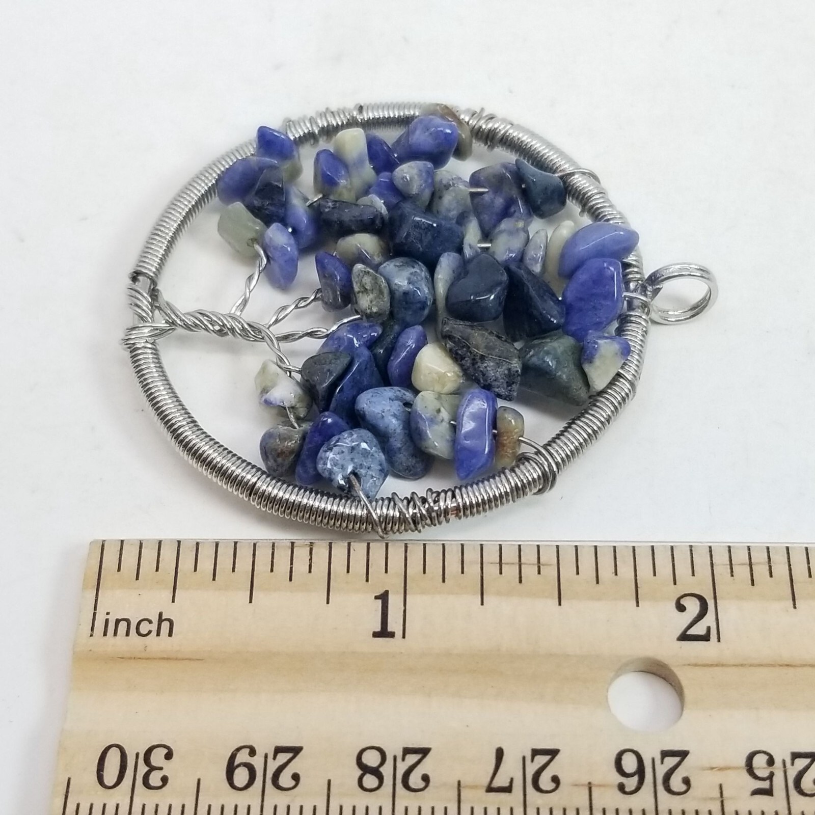 Vintage Blue and Slver Tone Wire Wraped Tree Pendant, Beaded Stone, Tree of Life