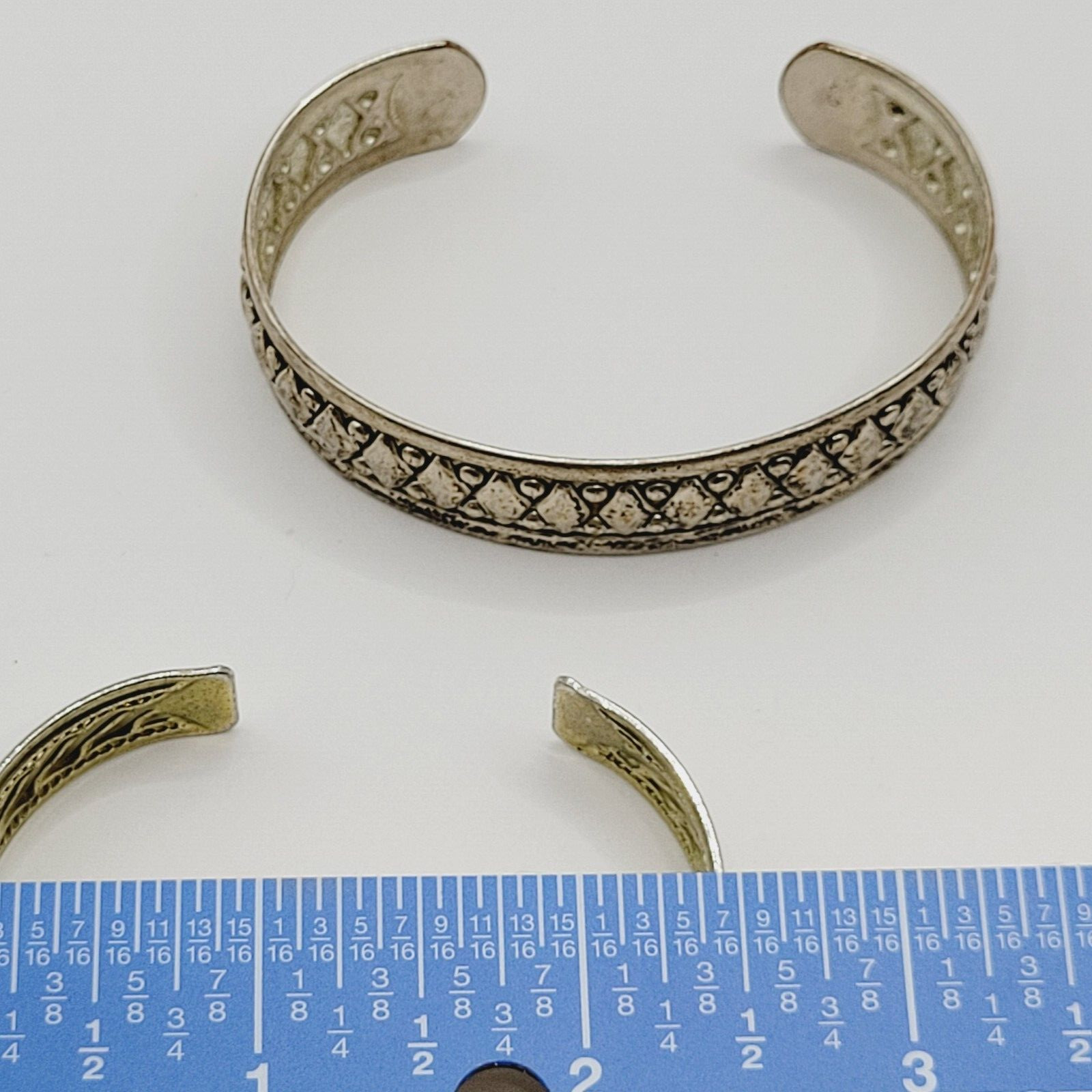 Two Vintage Metal Cuff Bracelets 1 Brass & 1 Silver Tone Patterned Tarnished