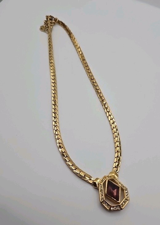 Vintage Christian Dior Gold Tone Necklace w/Purple Lozenge Cut Stone