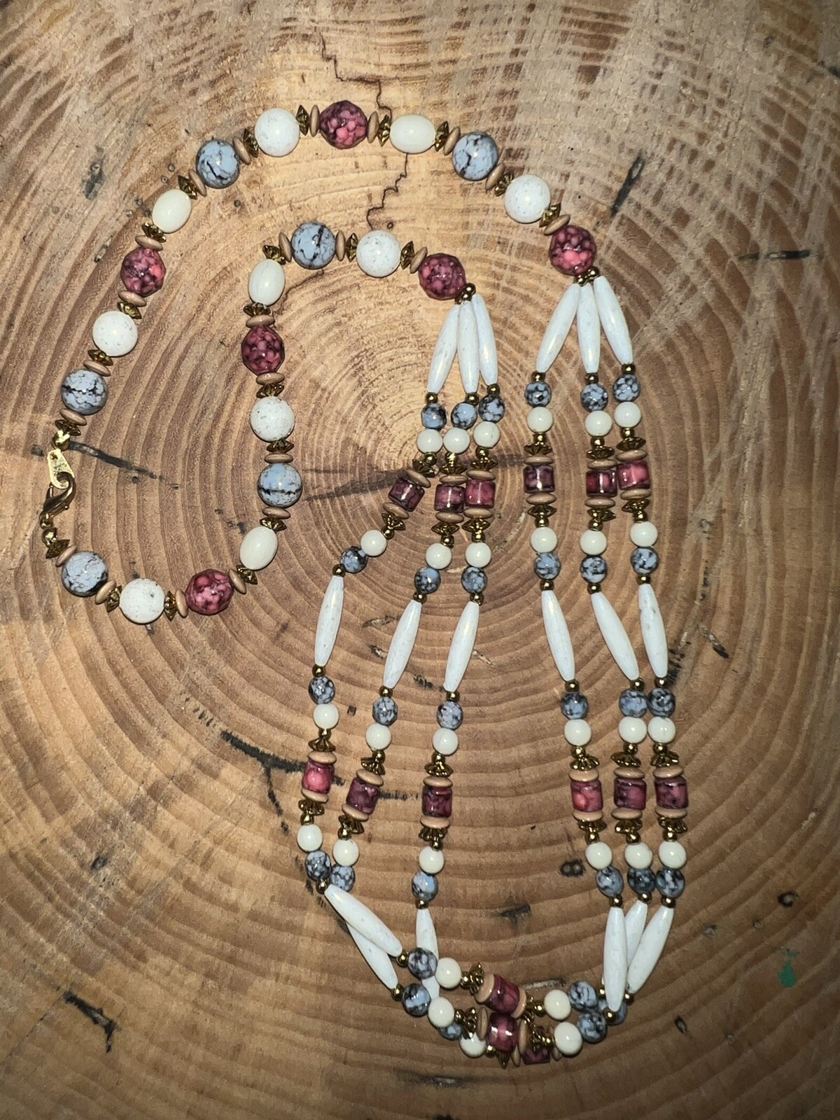 Red/White/Blue Beaded Multi-Strand Necklace And Clip-On Earring Set