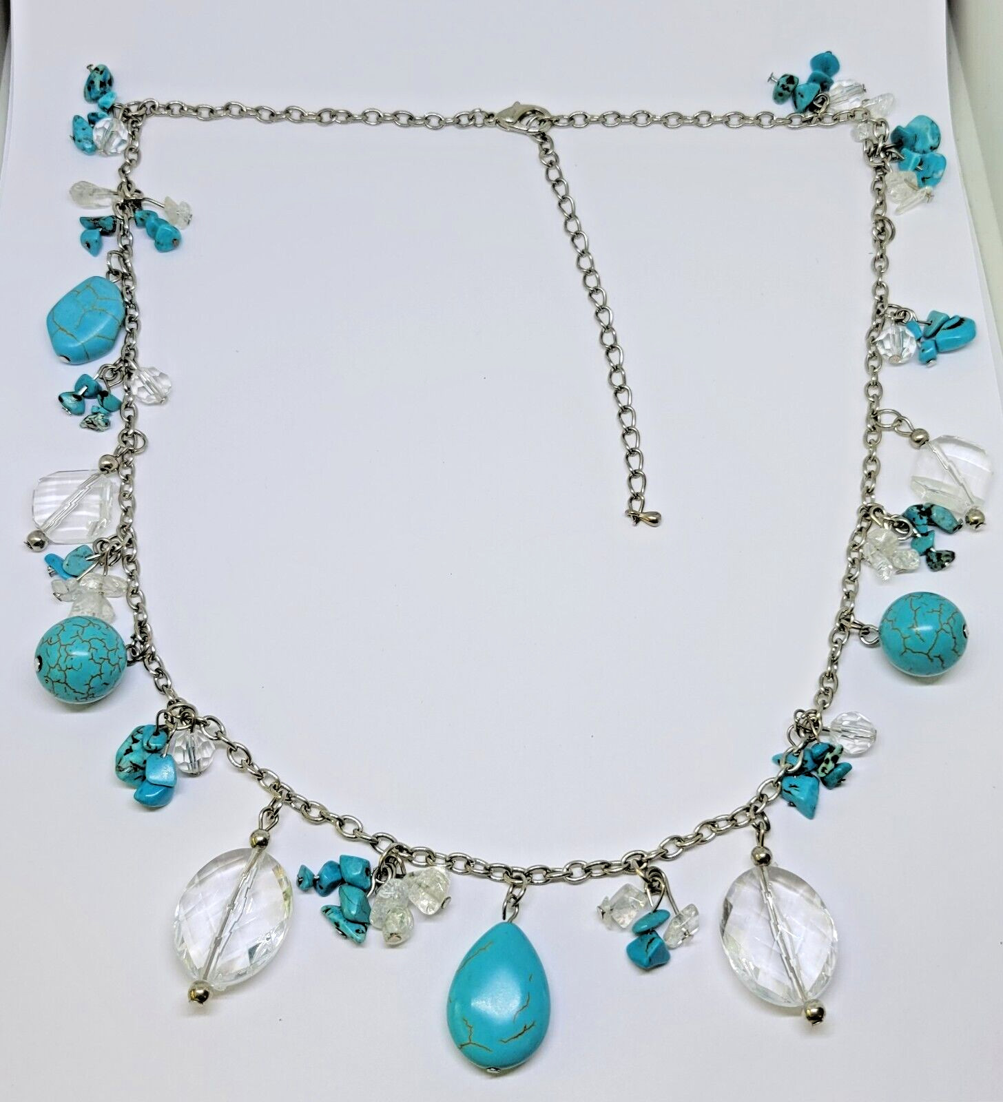 Vintage Estate Silver Tone Faux Turquoise Charm Station Statement Necklace ~ 28″