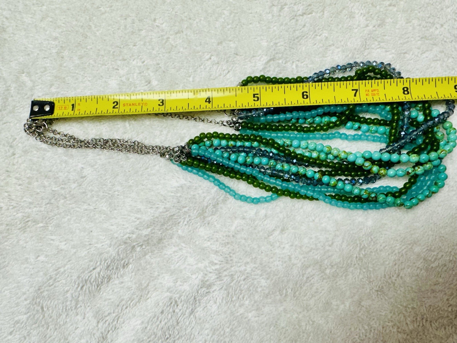 Multi Strand Blue Green Bead Bib Torsade Style Necklace n051