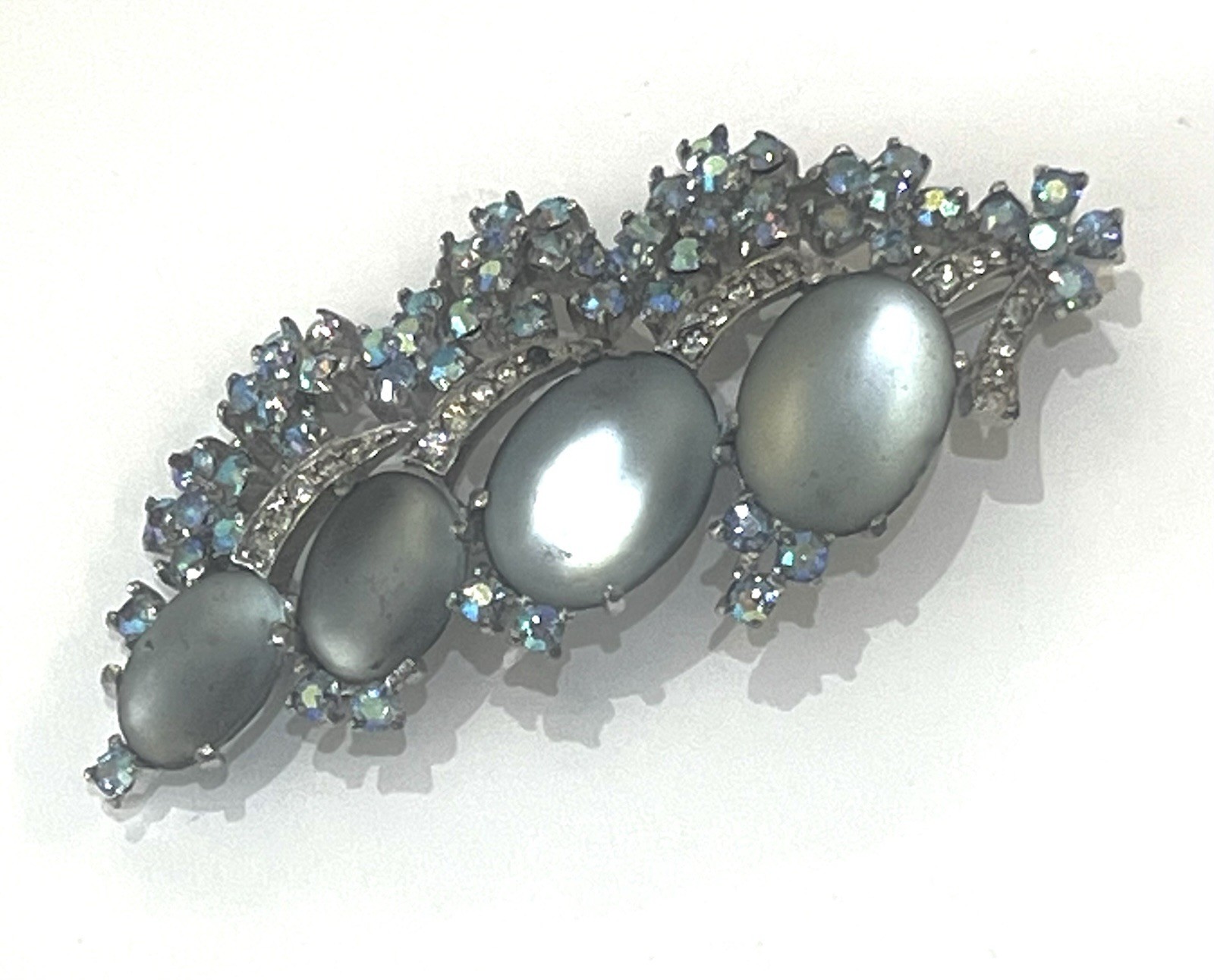 Jomaz Blue AB Stones & Frosted Oval Cabochons Brooch Signed