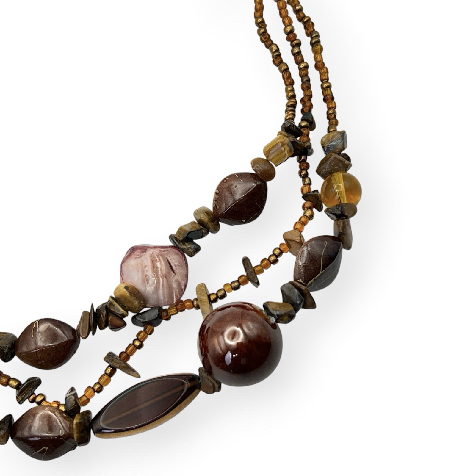 Multi Strand Beaded Necklace Earthy Natural Shell Glass Statement Boho Chic Vtg