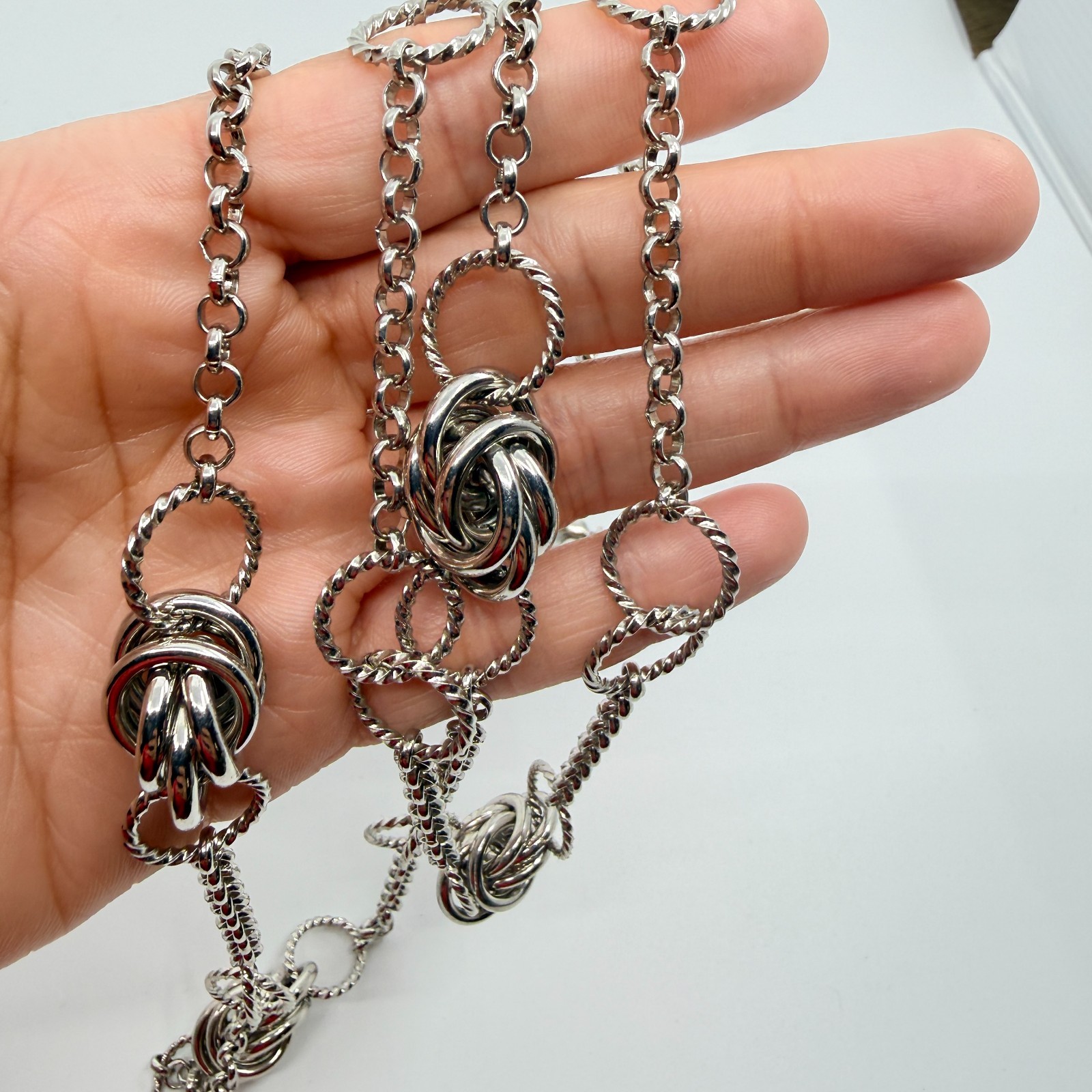 Vintage Silver Tone Long Layered Chain Necklace Textured Love Knot Station Boho