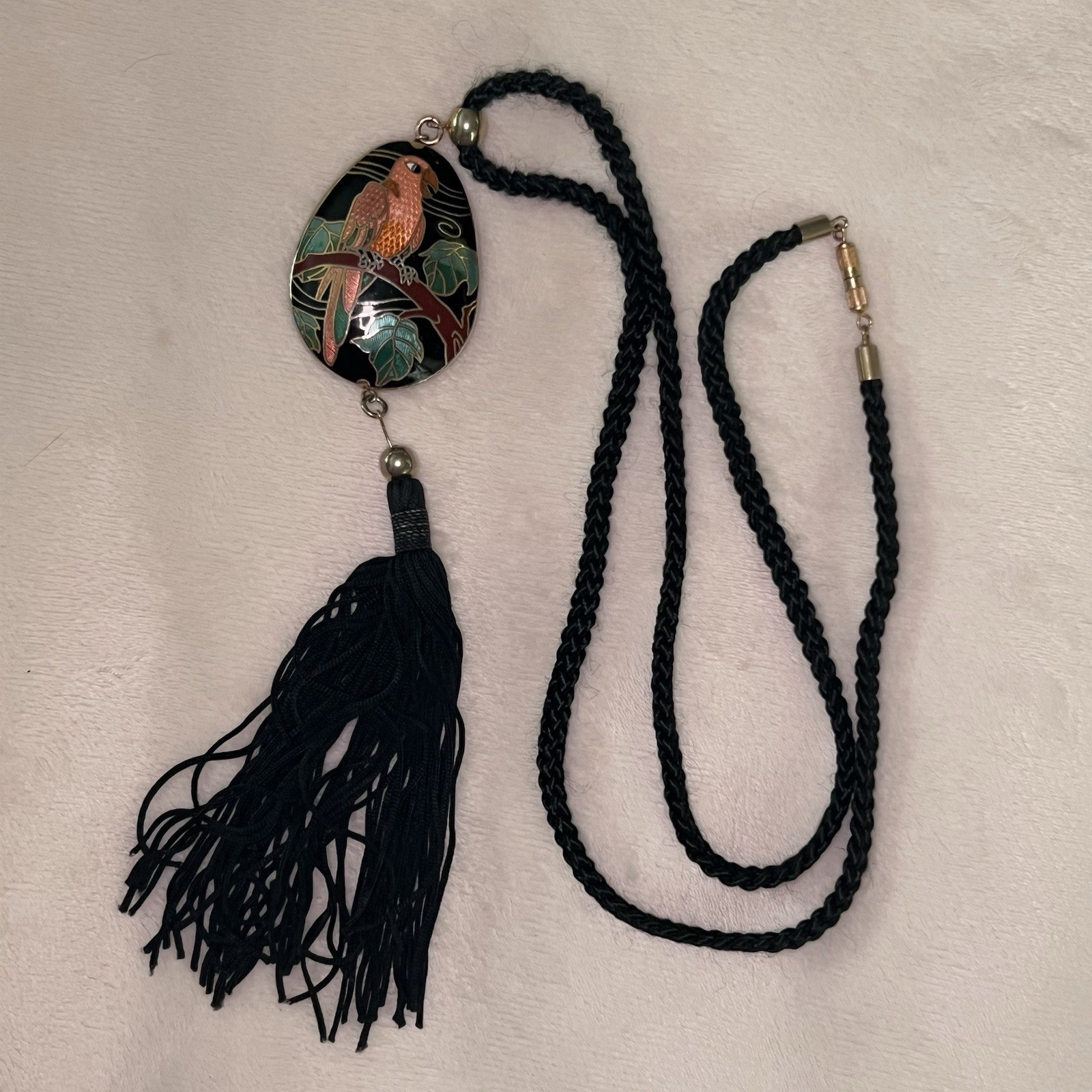 Vintage Cloisonné Parrot Pendant Necklace with Black Tassel