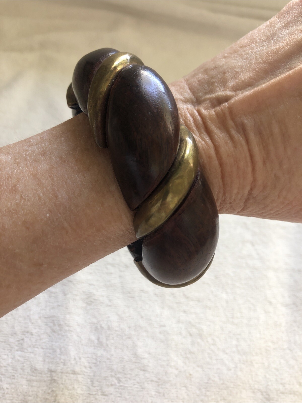 Vintage 1960’s Dark Brown Wooden Bangle with Gold Tone Metal Inlay Bracelet