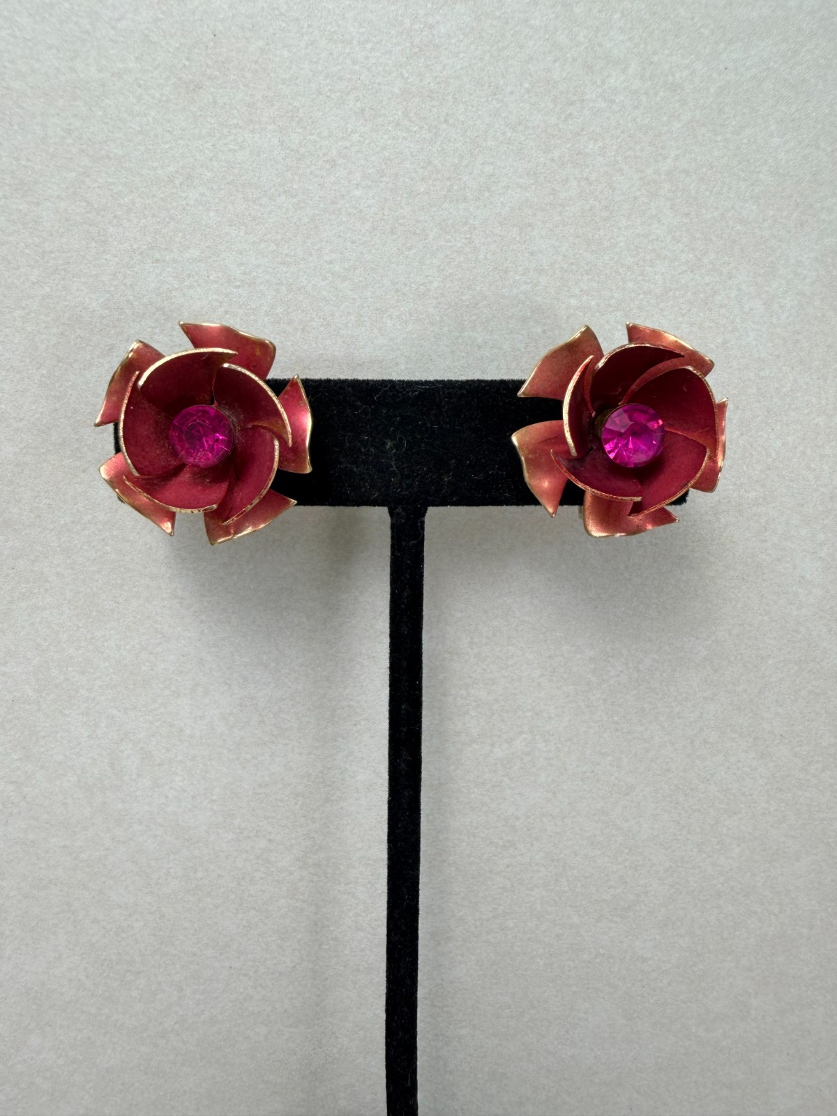 Coro Pink Enamel Rose Earrings Rhinestone Center Adjustable Clip On