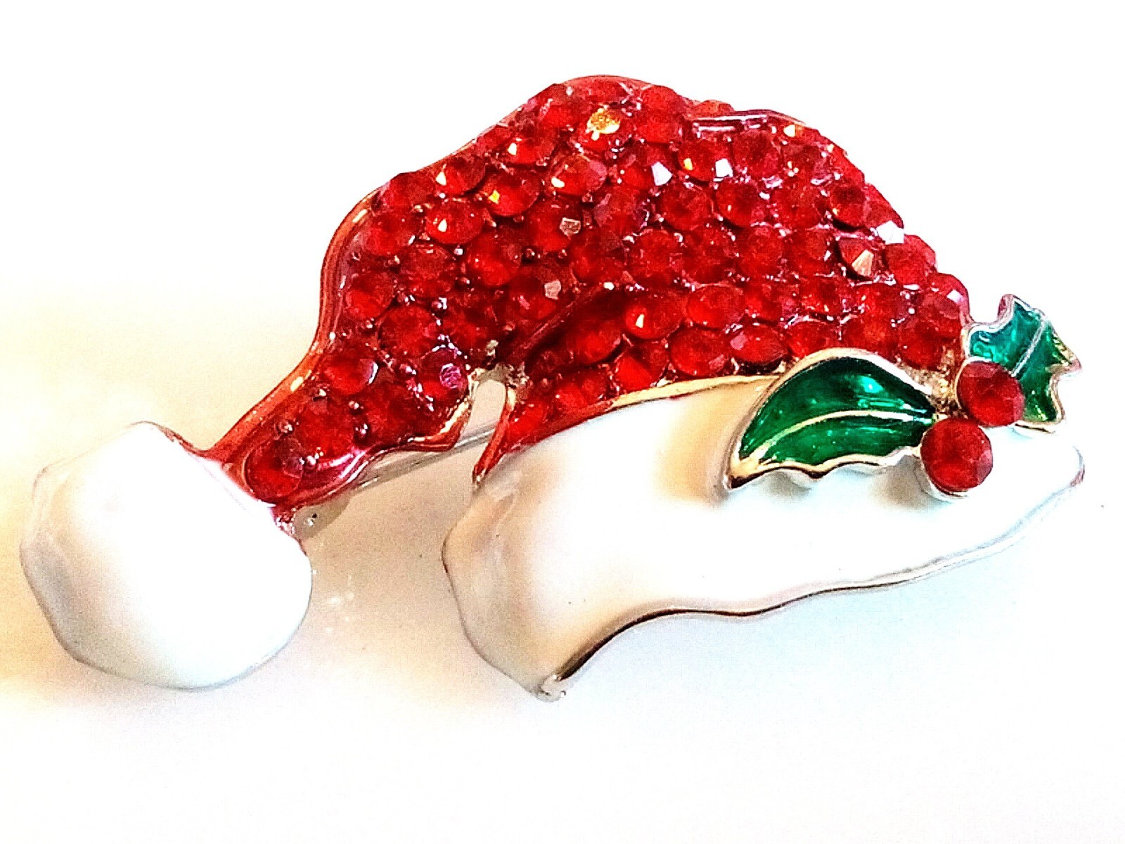 SANTA HAT BROOCH! Lovely Red Crystals! Bright Green & White Enamel! Holiday Pin!