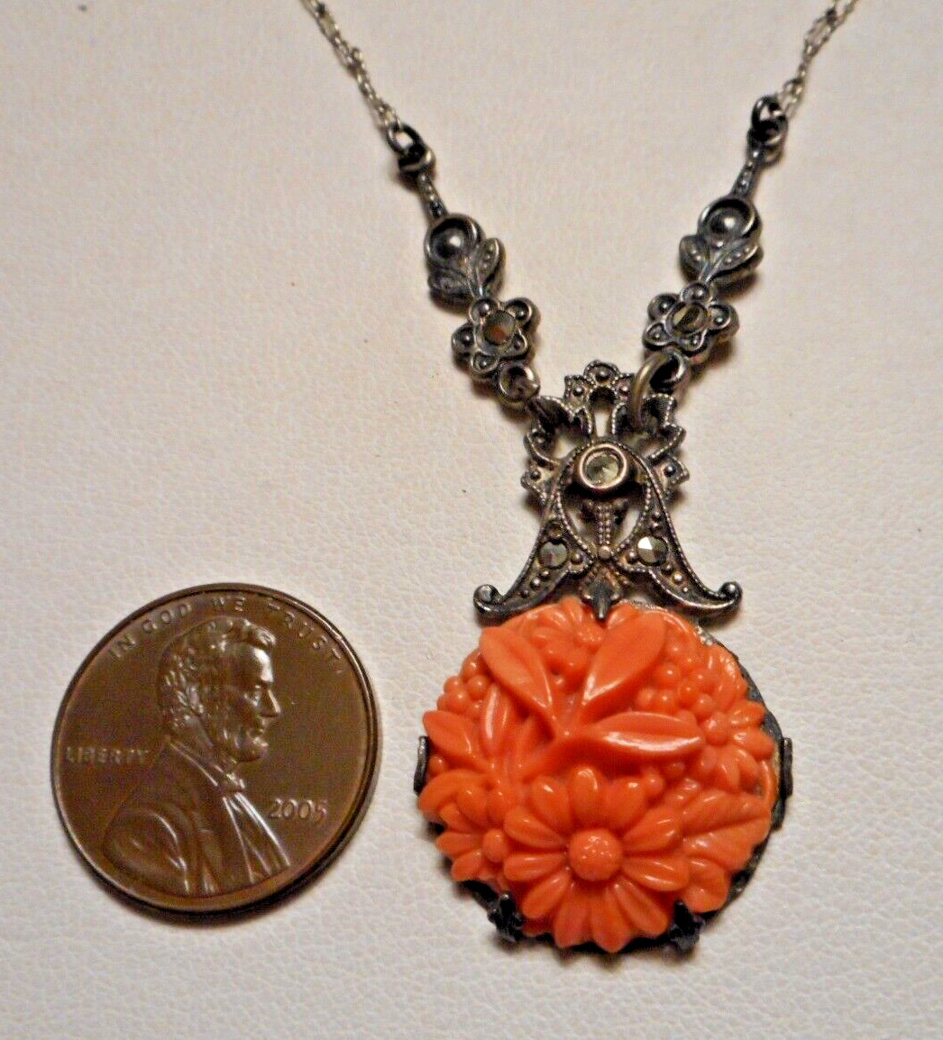 1920s Art Deco Czech? Faux Carved Coral Glass & Marcasite Pendant Necklace 16″
