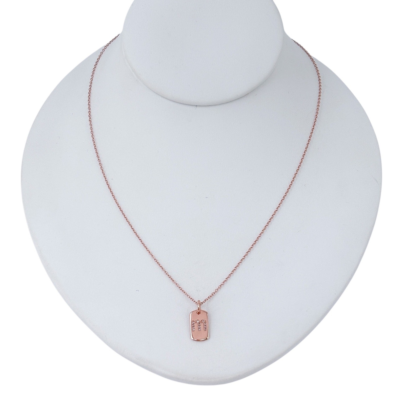 Cubic Zirconia Rose Gold-Plate “M” Dog Tag Necklace | 18″