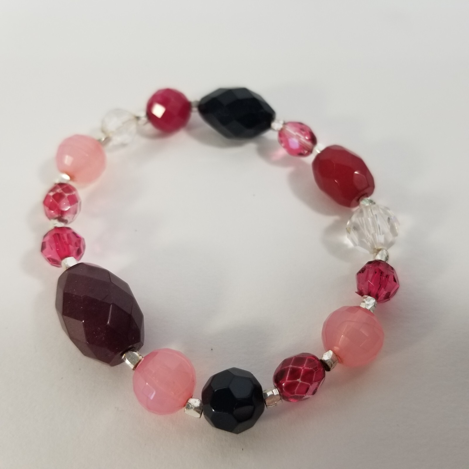 Pink Bead Stretch Bracelet Glass & Lucite SIlver Tone Spacers