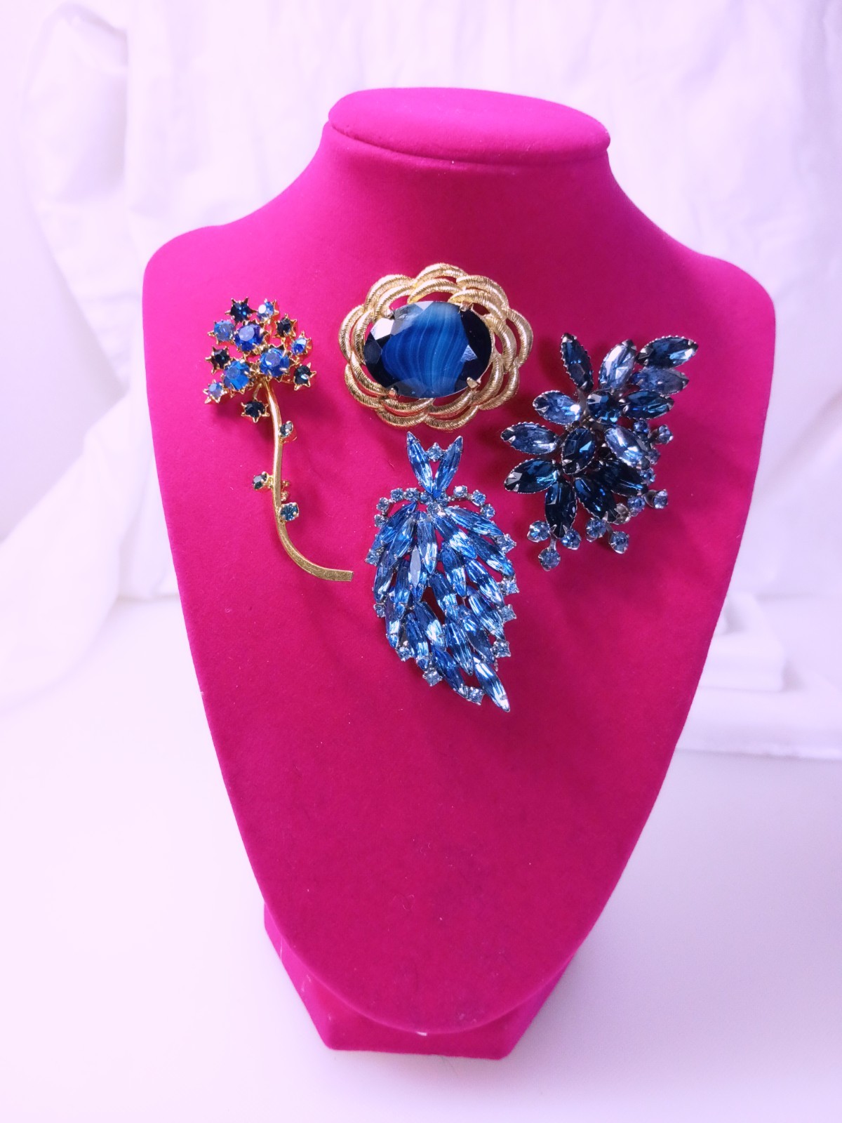 Rhinestone Costume Vintage Jewelry Lot, 4 Piece, Blue, Silver Tones, Gold Tones