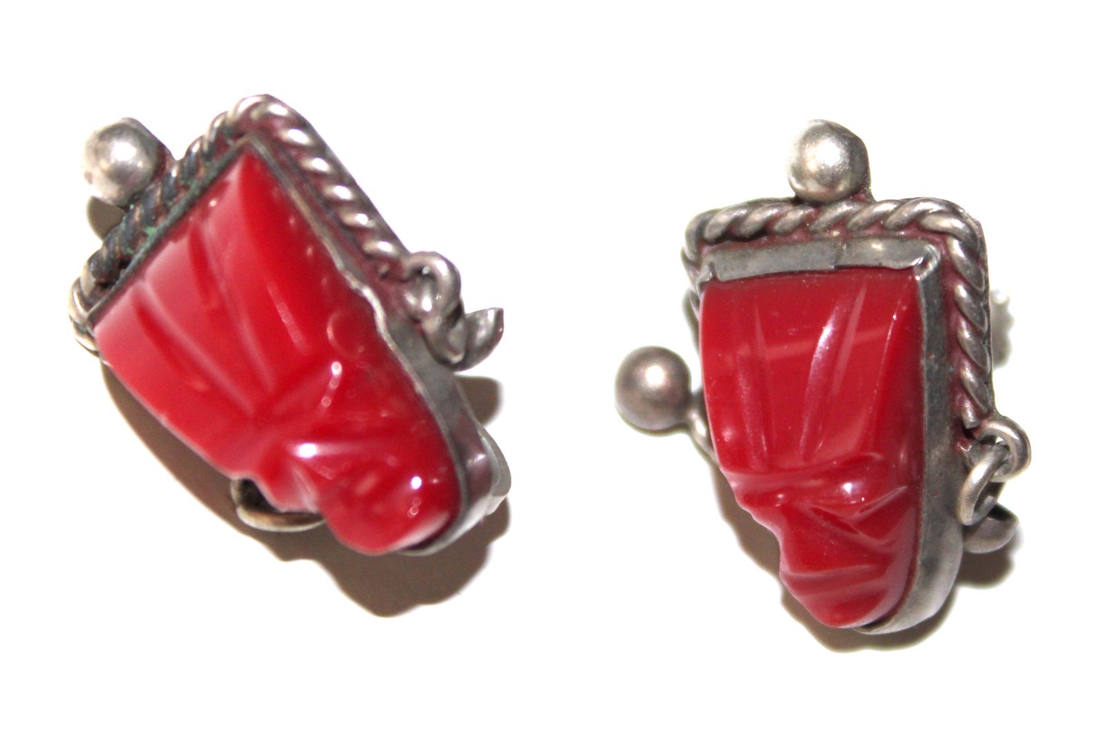 1940s Carnelian Silver Earrings Ornate Carved Hearts Flowers Screwback
