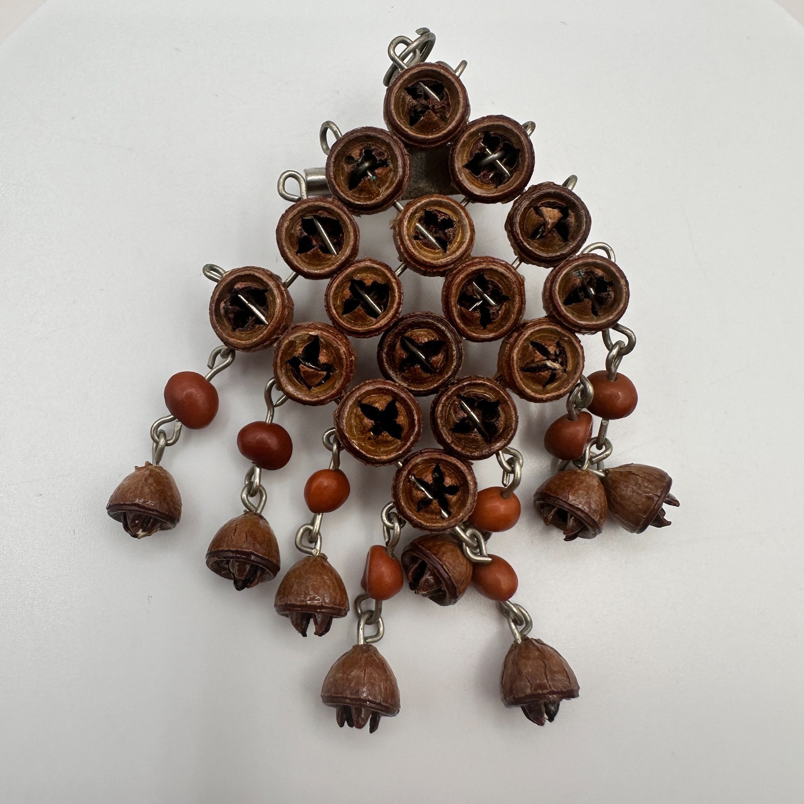 Vintage 90s Brown Wood Nut Seed Dangle Brooch Natural Boho Statement Jewelry