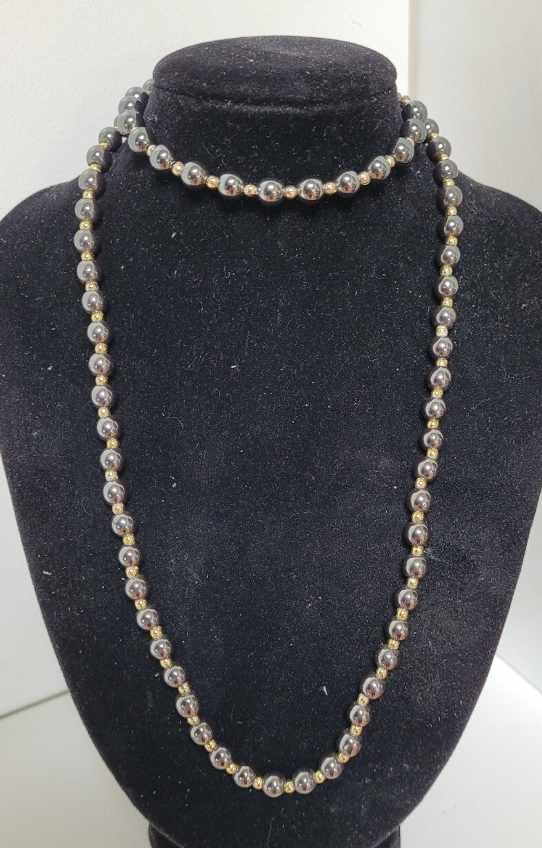 Vintage 20cm Gold Tone Black Hematite Stone 6mm Bead Bracelet & 45cm Necklace