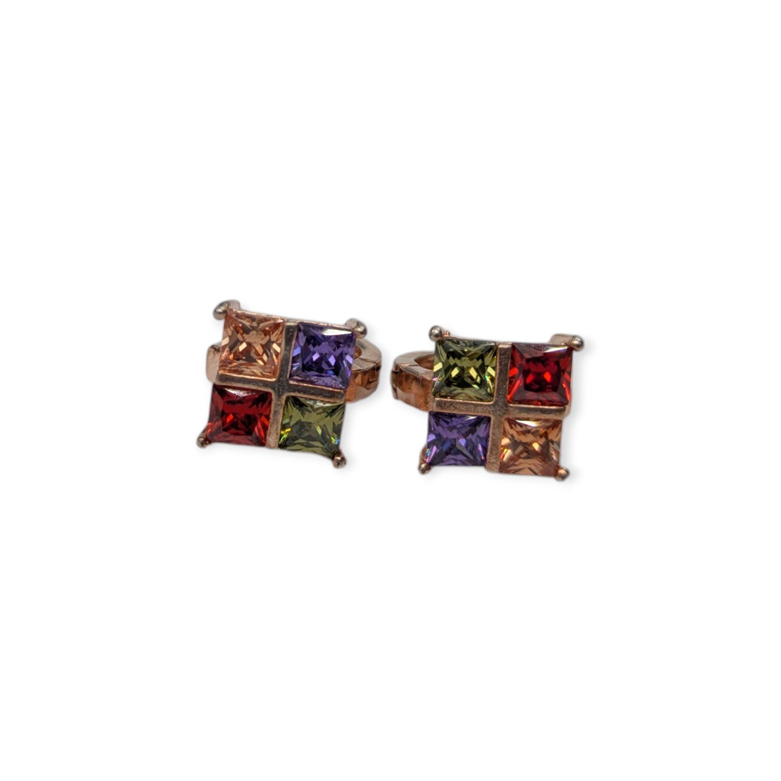 Vintage Square 18K Gold Plated & Rhinestone Lever Hoop Pierced Earrings 1 cm